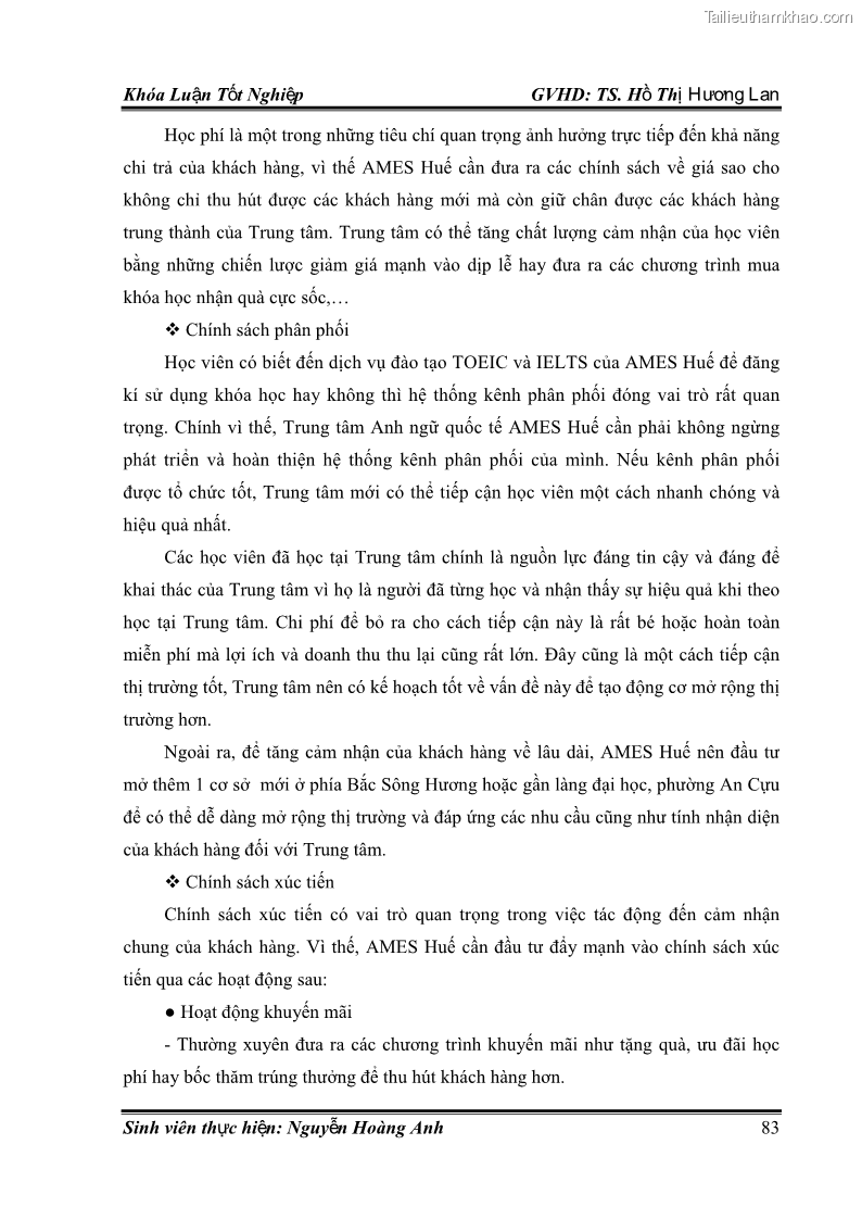 Khóa luận tốt nghiệp quản trị kinh doanh Hoàn thiện chính sách Marketing mix đối với dịch vụ đào tạo TOEIC và IELTS tại Trung tâm Anh ngữ Quốc tế AMES - chi nhánh Huế - 8 Trang 92