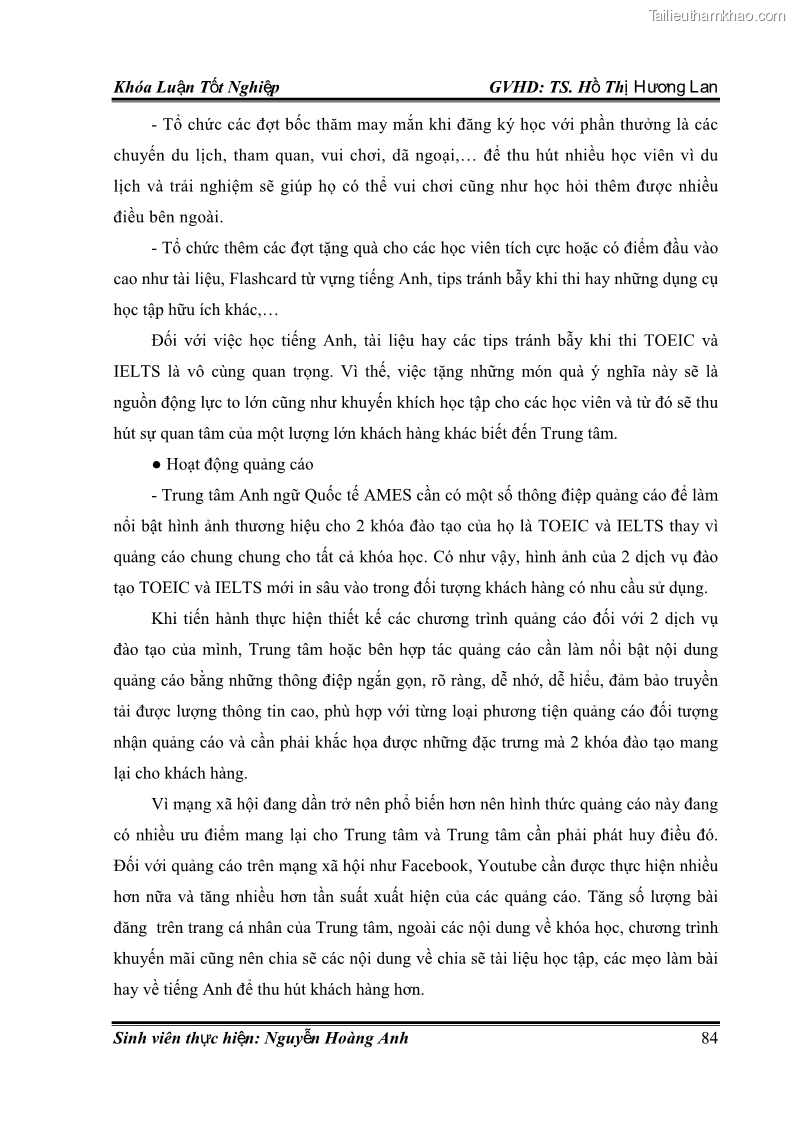 Khóa luận tốt nghiệp quản trị kinh doanh Hoàn thiện chính sách Marketing mix đối với dịch vụ đào tạo TOEIC và IELTS tại Trung tâm Anh ngữ Quốc tế AMES - chi nhánh Huế - 8 Trang 93