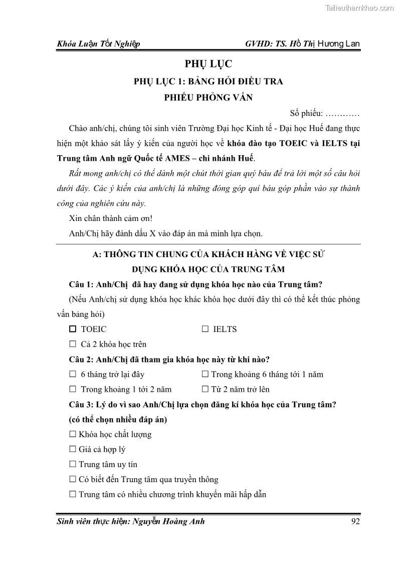 Khóa luận tốt nghiệp quản trị kinh doanh Hoàn thiện chính sách Marketing mix đối với dịch vụ đào tạo TOEIC và IELTS tại Trung tâm Anh ngữ Quốc tế AMES - chi nhánh Huế - 9 Trang 101