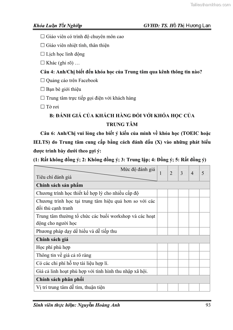 Khóa luận tốt nghiệp quản trị kinh doanh Hoàn thiện chính sách Marketing mix đối với dịch vụ đào tạo TOEIC và IELTS tại Trung tâm Anh ngữ Quốc tế AMES - chi nhánh Huế - 9 Trang 102