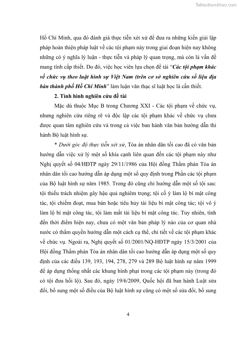 Luận văn thạc sĩ luật học Các tội phạm khác về chức vụ theo luật hình sự Việt Nam trên cơ sở nghiên cứu số liệu địa bàn thành phố Hồ Chí Minh - 1 Trang 10
