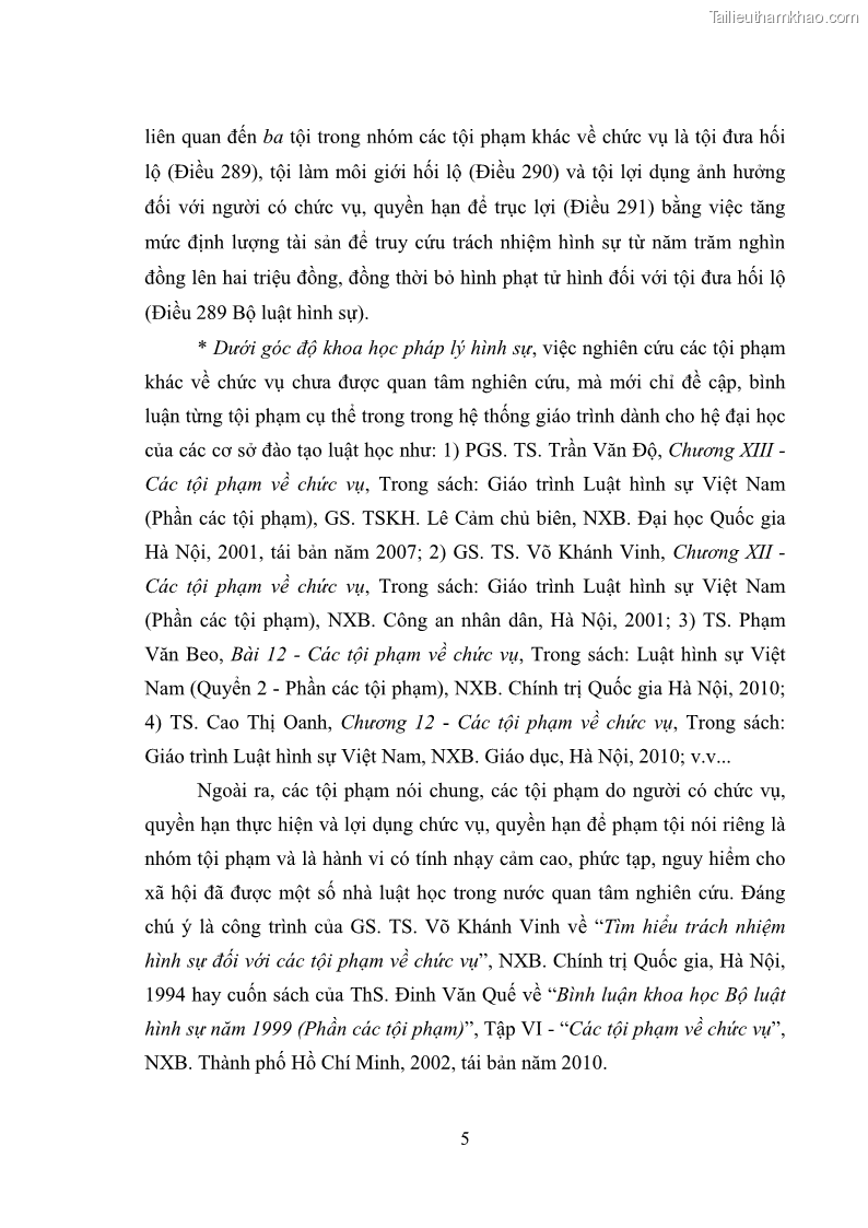 Luận văn thạc sĩ luật học Các tội phạm khác về chức vụ theo luật hình sự Việt Nam trên cơ sở nghiên cứu số liệu địa bàn thành phố Hồ Chí Minh - 1 Trang 11