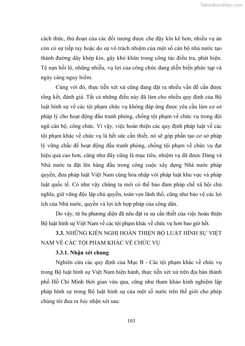 Luận văn thạc sĩ luật học Các tội phạm khác về chức vụ theo luật hình sự Việt Nam trên cơ sở nghiên cứu số liệu địa bàn thành phố Hồ Chí Minh - 10 Trang 109