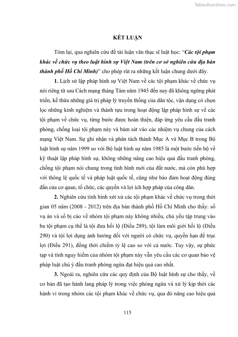 Luận văn thạc sĩ luật học Các tội phạm khác về chức vụ theo luật hình sự Việt Nam trên cơ sở nghiên cứu số liệu địa bàn thành phố Hồ Chí Minh - 11 Trang 121