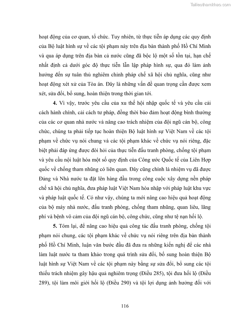 Luận văn thạc sĩ luật học Các tội phạm khác về chức vụ theo luật hình sự Việt Nam trên cơ sở nghiên cứu số liệu địa bàn thành phố Hồ Chí Minh - 11 Trang 122