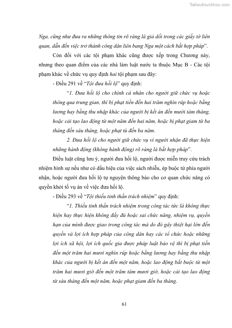 Luận văn thạc sĩ luật học Các tội phạm khác về chức vụ theo luật hình sự Việt Nam trên cơ sở nghiên cứu số liệu địa bàn thành phố Hồ Chí Minh - 6 Trang 67
