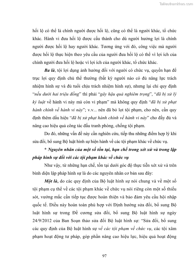 Luận văn thạc sĩ luật học Các tội phạm khác về chức vụ theo luật hình sự Việt Nam trên cơ sở nghiên cứu số liệu địa bàn thành phố Hồ Chí Minh - 9 Trang 103