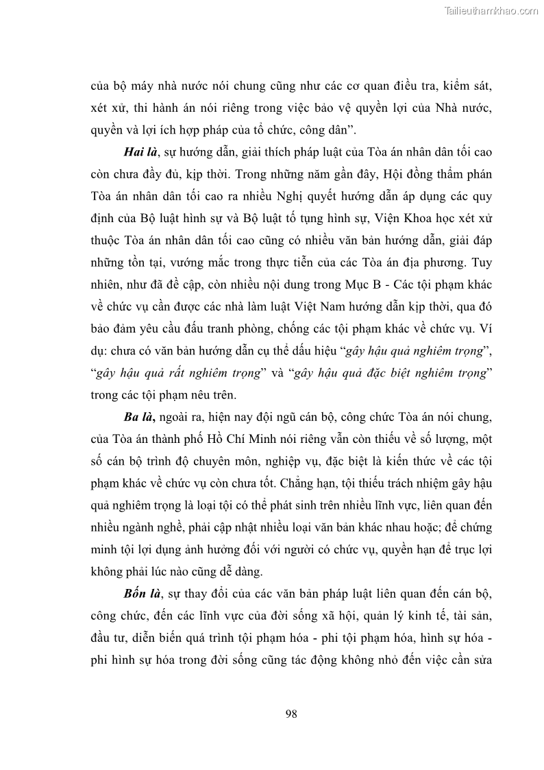 Luận văn thạc sĩ luật học Các tội phạm khác về chức vụ theo luật hình sự Việt Nam trên cơ sở nghiên cứu số liệu địa bàn thành phố Hồ Chí Minh - 9 Trang 104