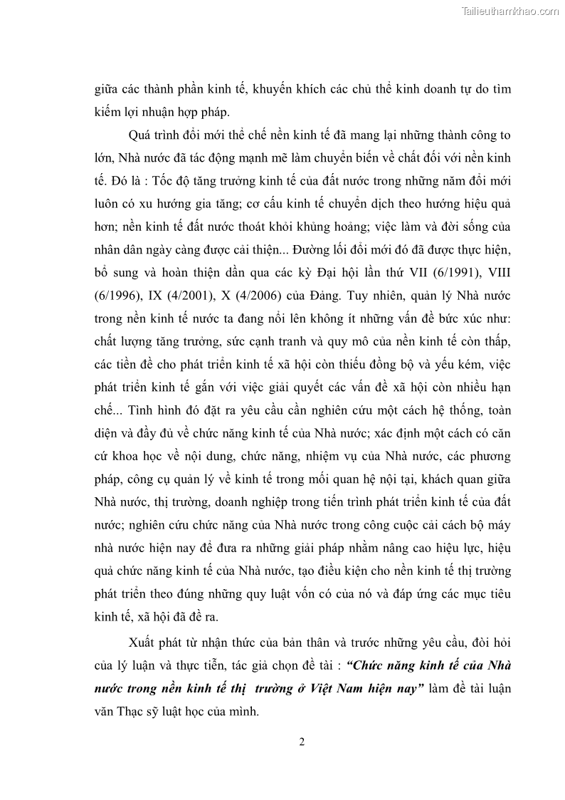 Luận văn thạc sĩ luật học Chức năng kinh tế của nhà nước trong nền kinh tế thị trường ở Việt Nam hiện nay - 1 Trang 5