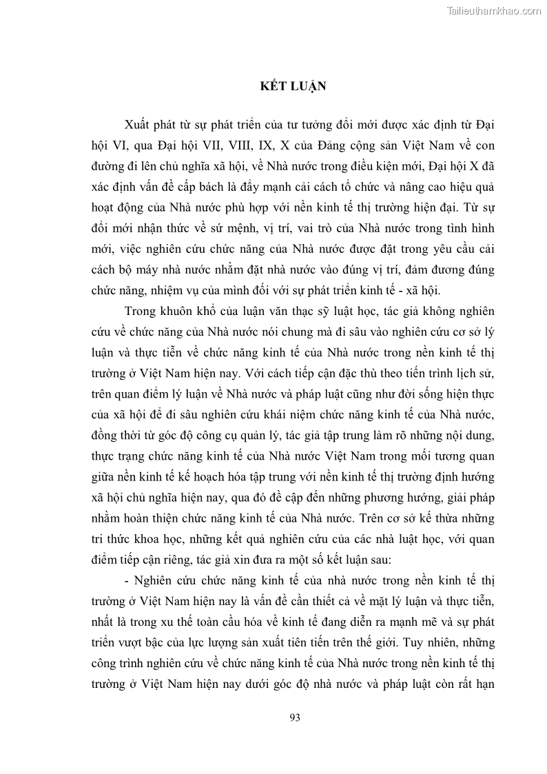 Luận văn thạc sĩ luật học Chức năng kinh tế của nhà nước trong nền kinh tế thị trường ở Việt Nam hiện nay - 8 Trang 96