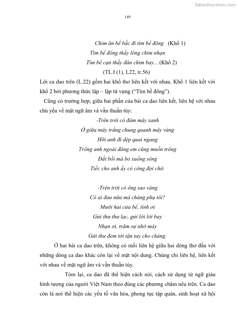 Luận án tiến sĩ ngữ văn Đặc trưng kết cấu ca dao trữ tình - 13 Trang 149