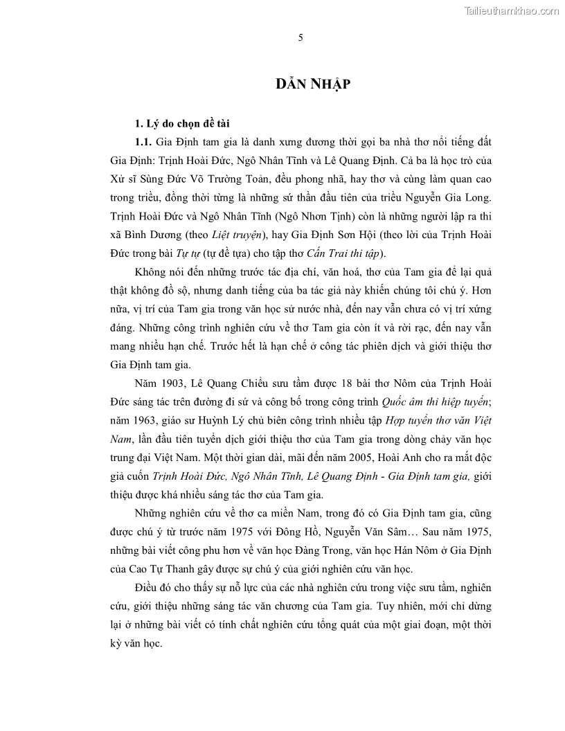 Luận án tiến sĩ ngữ văn Gia Định tam gia thi trong tiến trình văn học Hán Nôm Nam bộ - 1 Trang 7