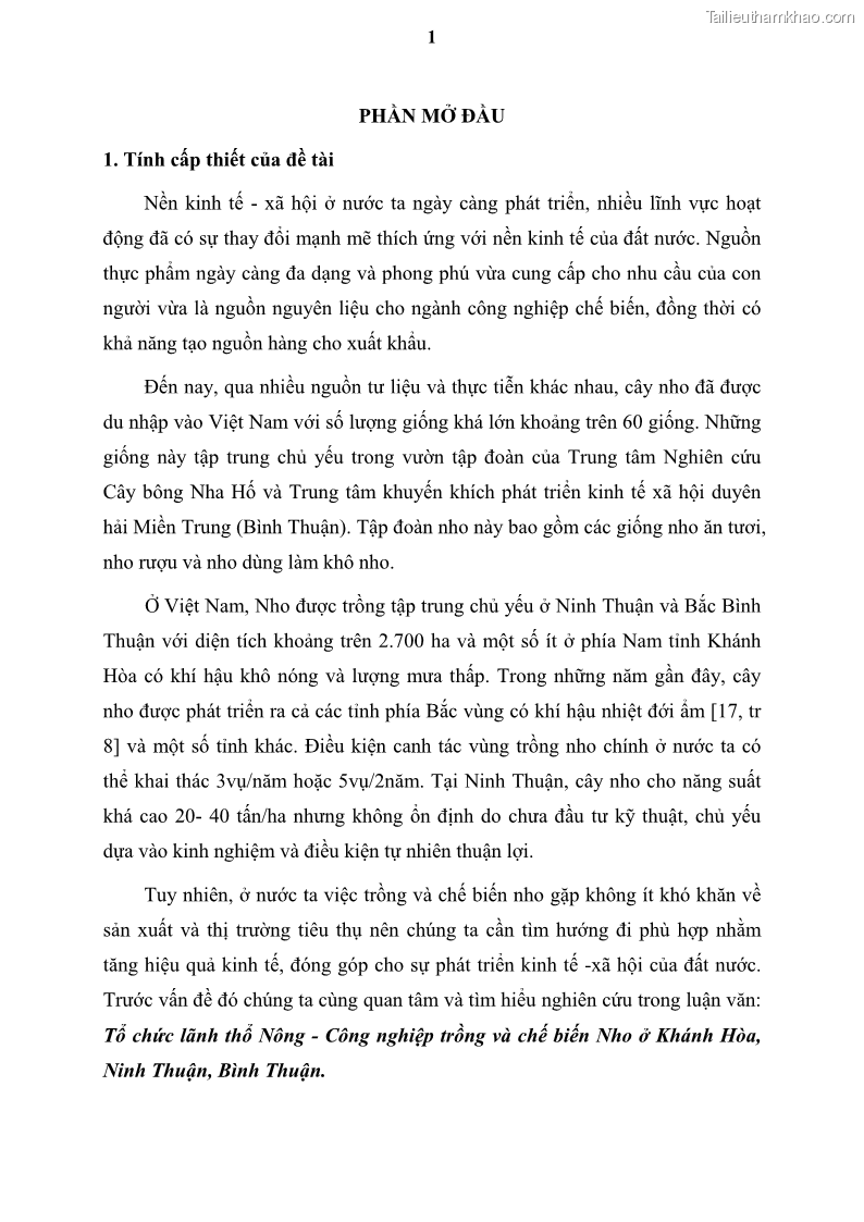 Luận văn thạc sĩ địa lý học Tổ chức lãnh thổ nông - Công nghiệp trồng và chế biến nho ở Khánh Hòa, Ninh Thuận, Bình Thuận - 1 Trang 11