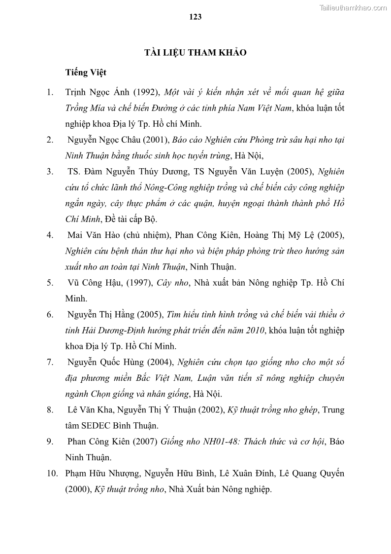 Luận văn thạc sĩ địa lý học Tổ chức lãnh thổ nông - Công nghiệp trồng và chế biến nho ở Khánh Hòa, Ninh Thuận, Bình Thuận - 12 Trang 133