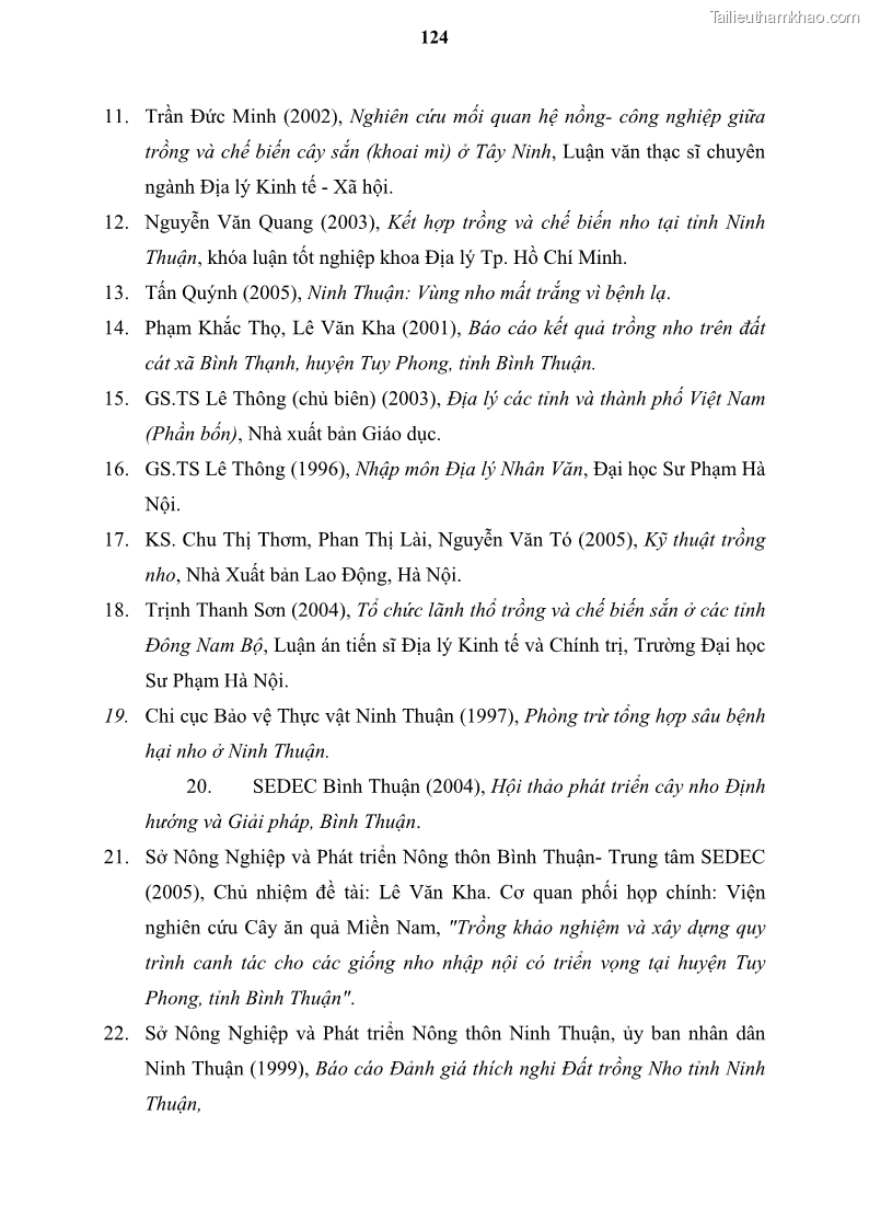 Luận văn thạc sĩ địa lý học Tổ chức lãnh thổ nông - Công nghiệp trồng và chế biến nho ở Khánh Hòa, Ninh Thuận, Bình Thuận - 12 Trang 134