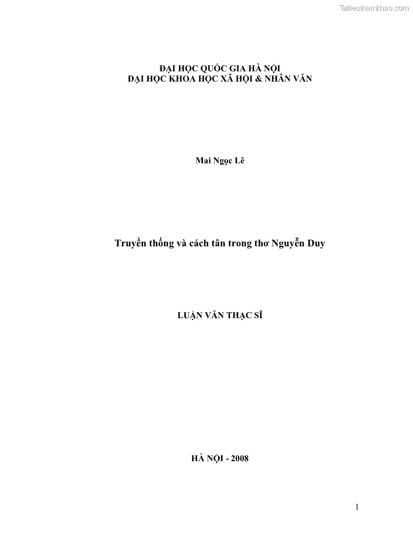 Luận văn thạc sĩ giáo dục học Truyền thống và cách tân trong thơ Nguyễn Duy - 1 Trang 1