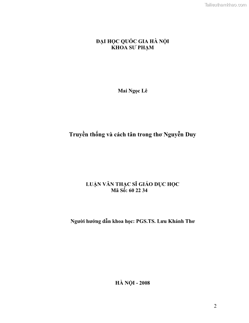 Luận văn thạc sĩ giáo dục học Truyền thống và cách tân trong thơ Nguyễn Duy - 1 Trang 2