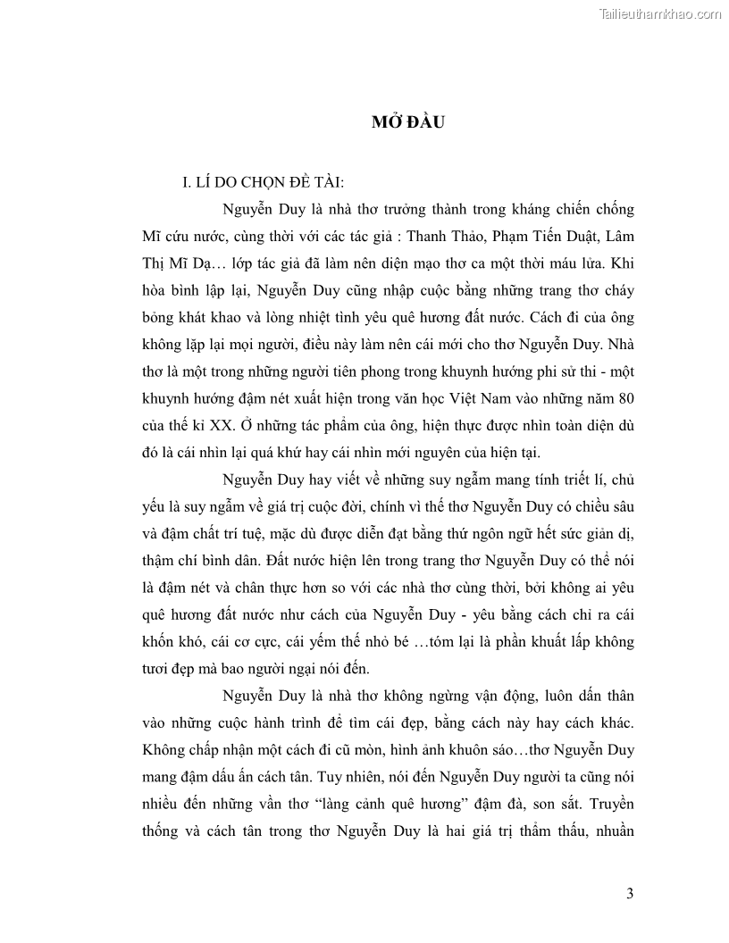 Luận văn thạc sĩ giáo dục học Truyền thống và cách tân trong thơ Nguyễn Duy - 1 Trang 3