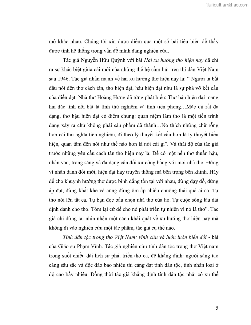 Luận văn thạc sĩ giáo dục học Truyền thống và cách tân trong thơ Nguyễn Duy - 1 Trang 5