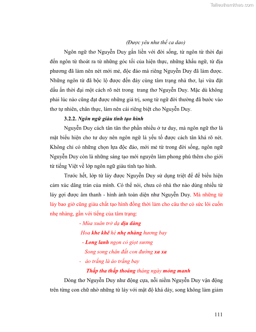 Luận văn thạc sĩ giáo dục học Truyền thống và cách tân trong thơ Nguyễn Duy - 10 Trang 111