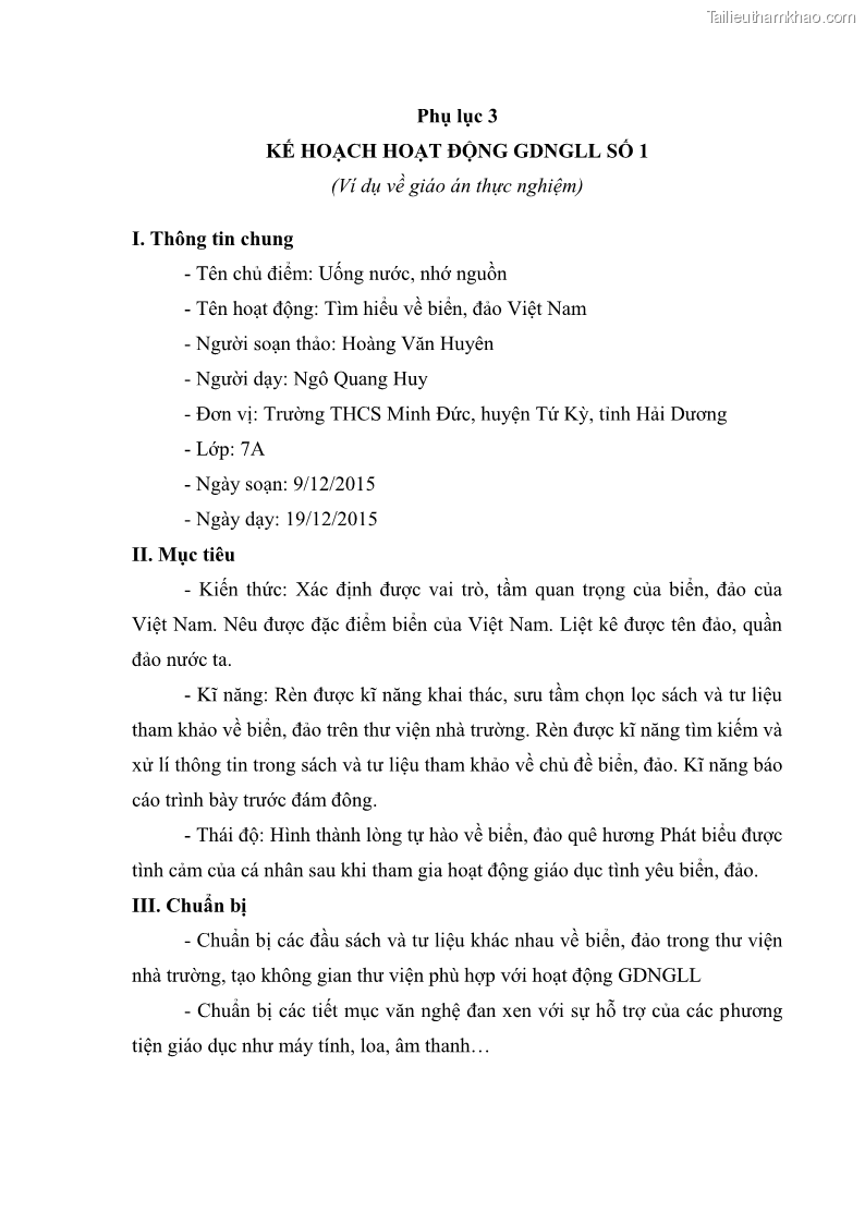 Luận văn thạc sĩ khoa học giáo dục Giáo dục tình yêu biển đảo cho học sinh THCS huyện Tứ Kỳ tỉnh Hải Dương thông qua các hoạt động giáo dục ngoài giờ lên lớp - 10 Trang 118
