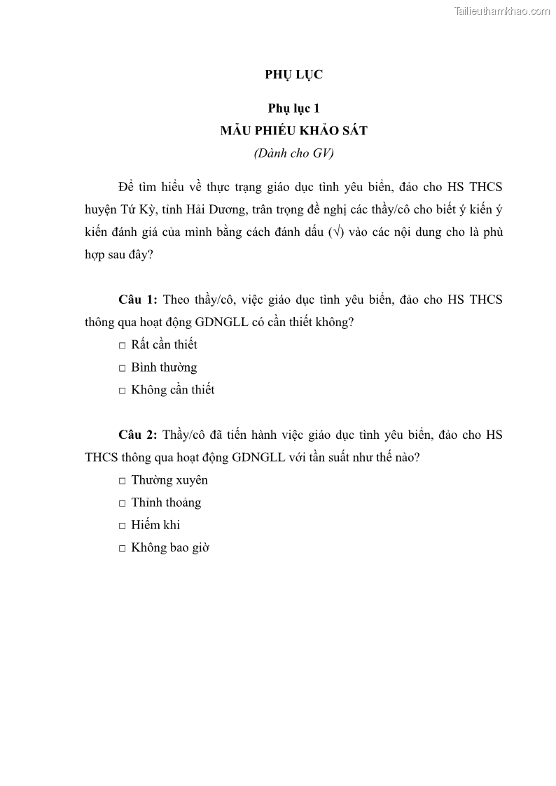 Luận văn thạc sĩ khoa học giáo dục Giáo dục tình yêu biển đảo cho học sinh THCS huyện Tứ Kỳ tỉnh Hải Dương thông qua các hoạt động giáo dục ngoài giờ lên lớp - 10 Trang 113