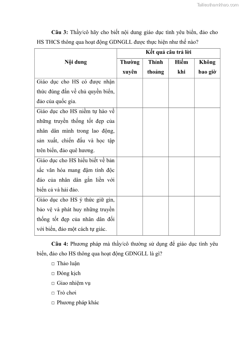 Luận văn thạc sĩ khoa học giáo dục Giáo dục tình yêu biển đảo cho học sinh THCS huyện Tứ Kỳ tỉnh Hải Dương thông qua các hoạt động giáo dục ngoài giờ lên lớp - 10 Trang 114