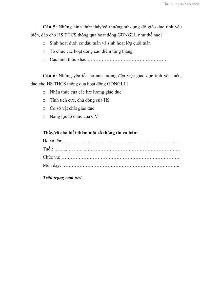 Luận văn thạc sĩ khoa học giáo dục Giáo dục tình yêu biển đảo cho học sinh THCS huyện Tứ Kỳ tỉnh Hải Dương thông qua các hoạt động giáo dục ngoài giờ lên lớp - 10 Trang 115