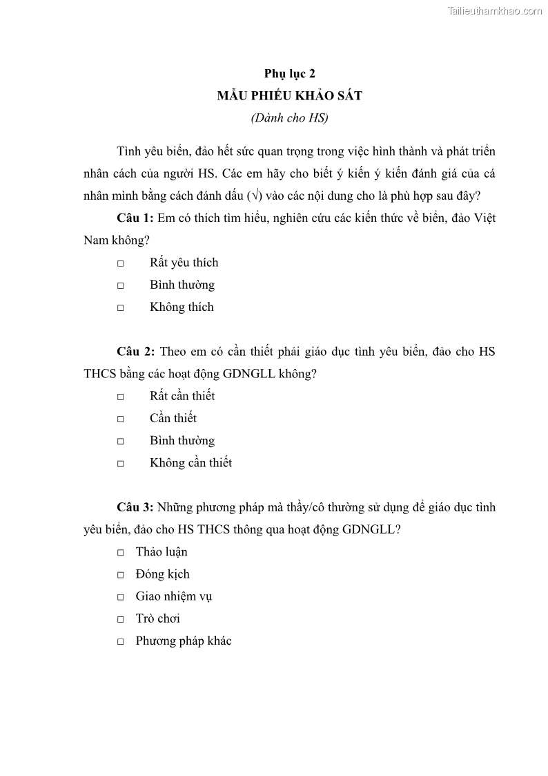 Luận văn thạc sĩ khoa học giáo dục Giáo dục tình yêu biển đảo cho học sinh THCS huyện Tứ Kỳ tỉnh Hải Dương thông qua các hoạt động giáo dục ngoài giờ lên lớp - 10 Trang 116