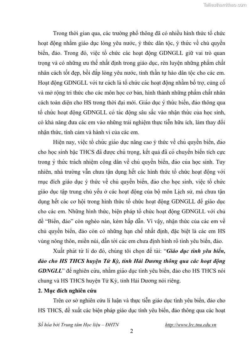 Luận văn thạc sĩ khoa học giáo dục Giáo dục tình yêu biển đảo cho học sinh THCS huyện Tứ Kỳ tỉnh Hải Dương thông qua các hoạt động giáo dục ngoài giờ lên lớp - 2 Trang 14