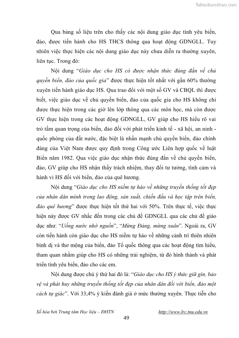 Luận văn thạc sĩ khoa học giáo dục Giáo dục tình yêu biển đảo cho học sinh THCS huyện Tứ Kỳ tỉnh Hải Dương thông qua các hoạt động giáo dục ngoài giờ lên lớp - 6 Trang 61