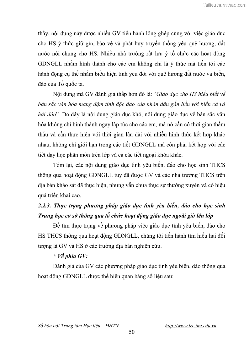 Luận văn thạc sĩ khoa học giáo dục Giáo dục tình yêu biển đảo cho học sinh THCS huyện Tứ Kỳ tỉnh Hải Dương thông qua các hoạt động giáo dục ngoài giờ lên lớp - 6 Trang 62
