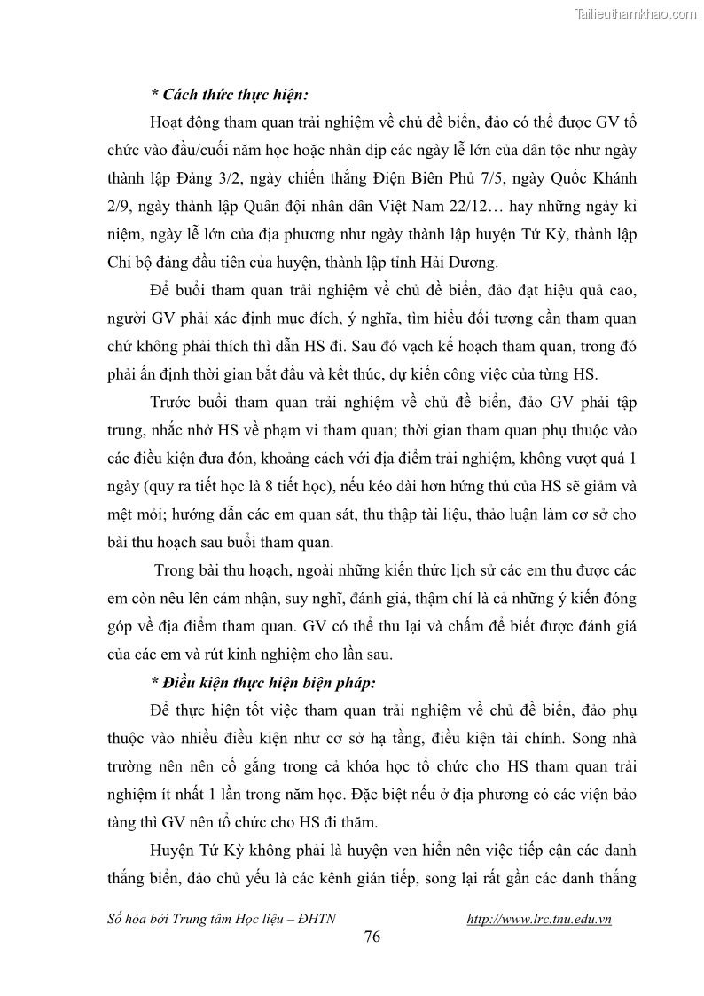 Luận văn thạc sĩ khoa học giáo dục Giáo dục tình yêu biển đảo cho học sinh THCS huyện Tứ Kỳ tỉnh Hải Dương thông qua các hoạt động giáo dục ngoài giờ lên lớp - 8 Trang 88