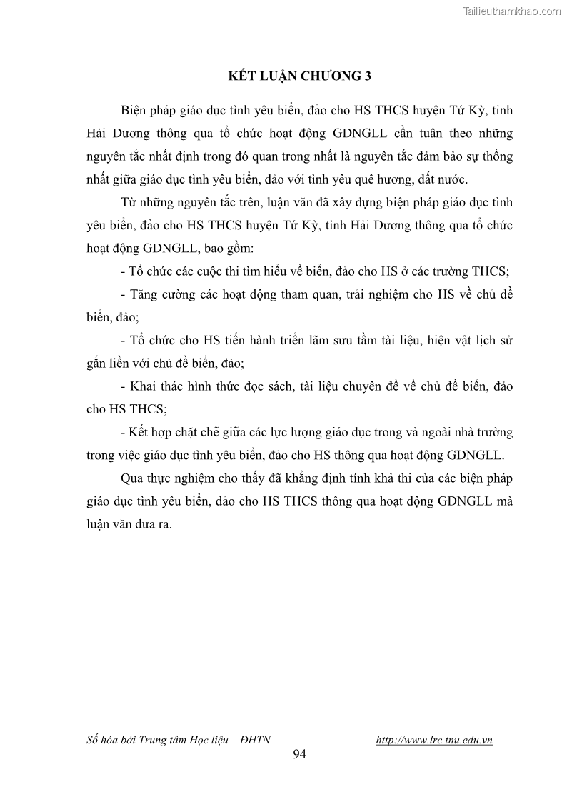 Luận văn thạc sĩ khoa học giáo dục Giáo dục tình yêu biển đảo cho học sinh THCS huyện Tứ Kỳ tỉnh Hải Dương thông qua các hoạt động giáo dục ngoài giờ lên lớp - 9 Trang 106