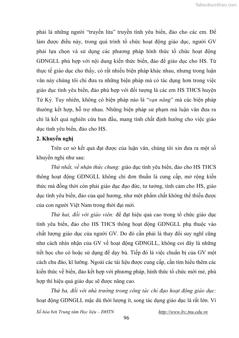 Luận văn thạc sĩ khoa học giáo dục Giáo dục tình yêu biển đảo cho học sinh THCS huyện Tứ Kỳ tỉnh Hải Dương thông qua các hoạt động giáo dục ngoài giờ lên lớp - 9 Trang 108