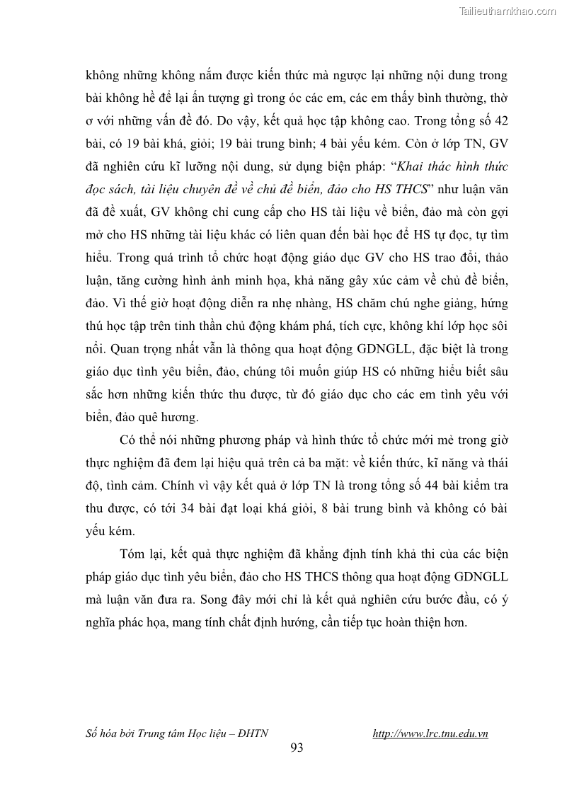 Luận văn thạc sĩ khoa học giáo dục Giáo dục tình yêu biển đảo cho học sinh THCS huyện Tứ Kỳ tỉnh Hải Dương thông qua các hoạt động giáo dục ngoài giờ lên lớp - 9 Trang 105