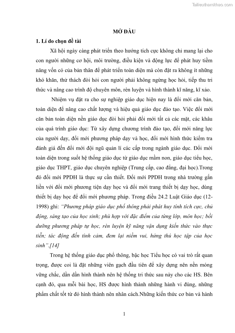 Luận văn thạc sĩ khoa học giáo dục Tổ chức dạy học môn Khoa học ở các trường Tiểu học thành phố Thái Nguyên, tỉnh Thái Nguyên theo hướng vận dụng phương pháp Bàn tay nặn bột - 1 Trang 10