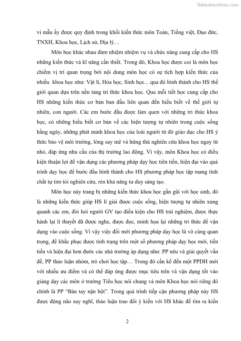 Luận văn thạc sĩ khoa học giáo dục Tổ chức dạy học môn Khoa học ở các trường Tiểu học thành phố Thái Nguyên, tỉnh Thái Nguyên theo hướng vận dụng phương pháp Bàn tay nặn bột - 1 Trang 11