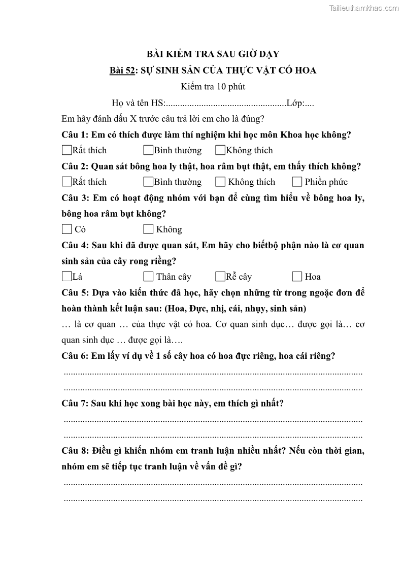 Luận văn thạc sĩ khoa học giáo dục Tổ chức dạy học môn Khoa học ở các trường Tiểu học thành phố Thái Nguyên, tỉnh Thái Nguyên theo hướng vận dụng phương pháp Bàn tay nặn bột - 10 Trang 111