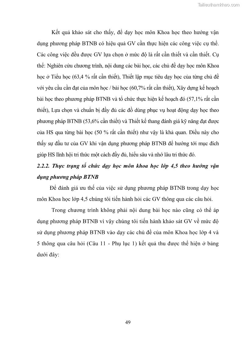 Luận văn thạc sĩ khoa học giáo dục Tổ chức dạy học môn Khoa học ở các trường Tiểu học thành phố Thái Nguyên, tỉnh Thái Nguyên theo hướng vận dụng phương pháp Bàn tay nặn bột - 5 Trang 58