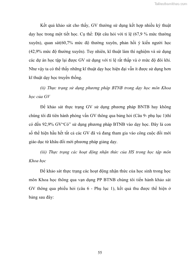 Luận văn thạc sĩ khoa học giáo dục Tổ chức dạy học môn Khoa học ở các trường Tiểu học thành phố Thái Nguyên, tỉnh Thái Nguyên theo hướng vận dụng phương pháp Bàn tay nặn bột - 6 Trang 64