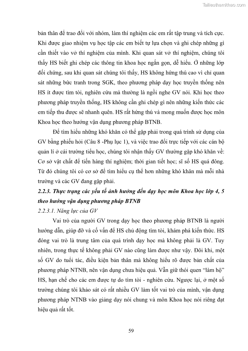 Luận văn thạc sĩ khoa học giáo dục Tổ chức dạy học môn Khoa học ở các trường Tiểu học thành phố Thái Nguyên, tỉnh Thái Nguyên theo hướng vận dụng phương pháp Bàn tay nặn bột - 6 Trang 68