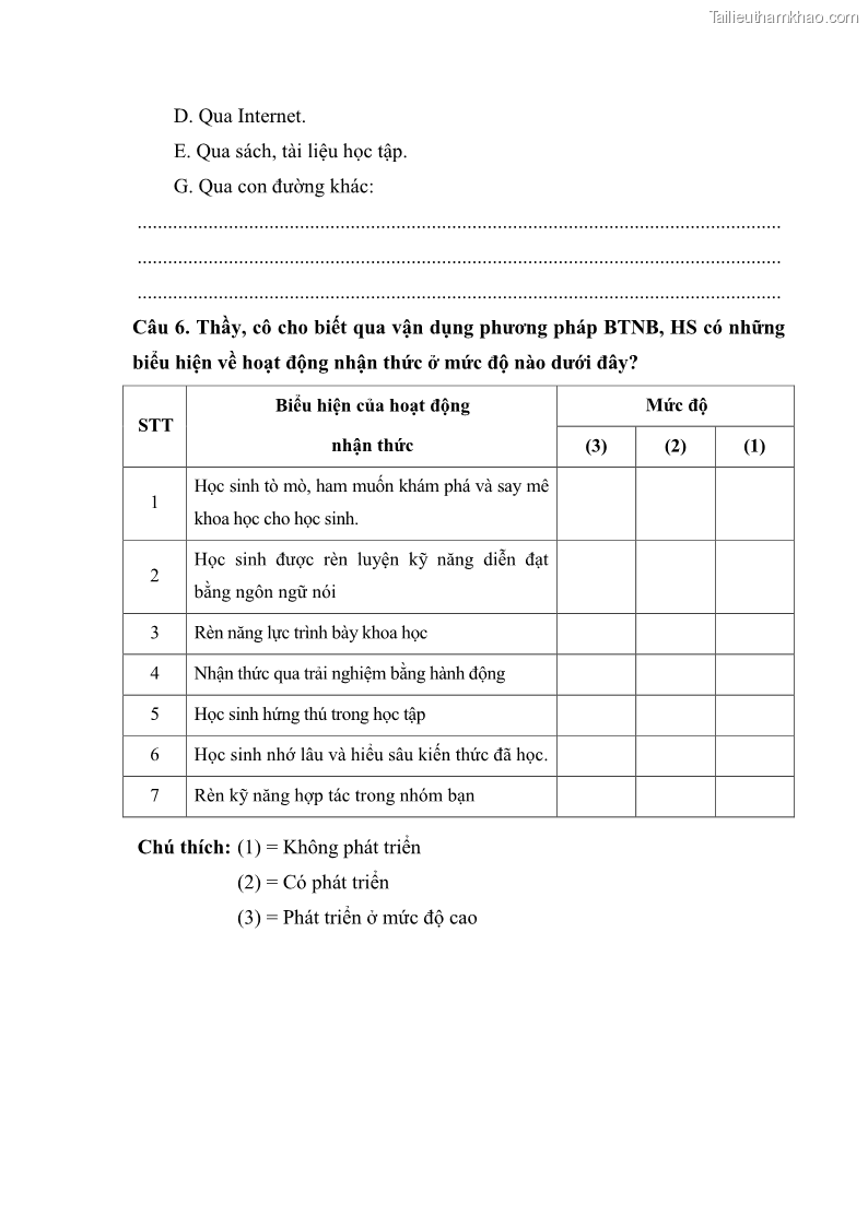 Luận văn thạc sĩ khoa học giáo dục Tổ chức dạy học môn Khoa học ở các trường Tiểu học thành phố Thái Nguyên, tỉnh Thái Nguyên theo hướng vận dụng phương pháp Bàn tay nặn bột - 8 Trang 94