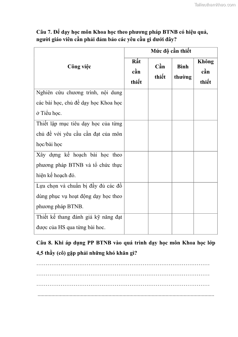 Luận văn thạc sĩ khoa học giáo dục Tổ chức dạy học môn Khoa học ở các trường Tiểu học thành phố Thái Nguyên, tỉnh Thái Nguyên theo hướng vận dụng phương pháp Bàn tay nặn bột - 8 Trang 95