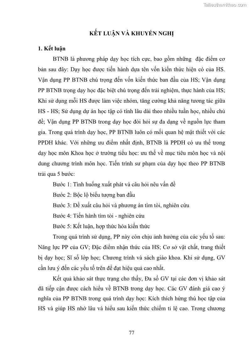 Luận văn thạc sĩ khoa học giáo dục Tổ chức dạy học môn Khoa học ở các trường Tiểu học thành phố Thái Nguyên, tỉnh Thái Nguyên theo hướng vận dụng phương pháp Bàn tay nặn bột - 8 Trang 86