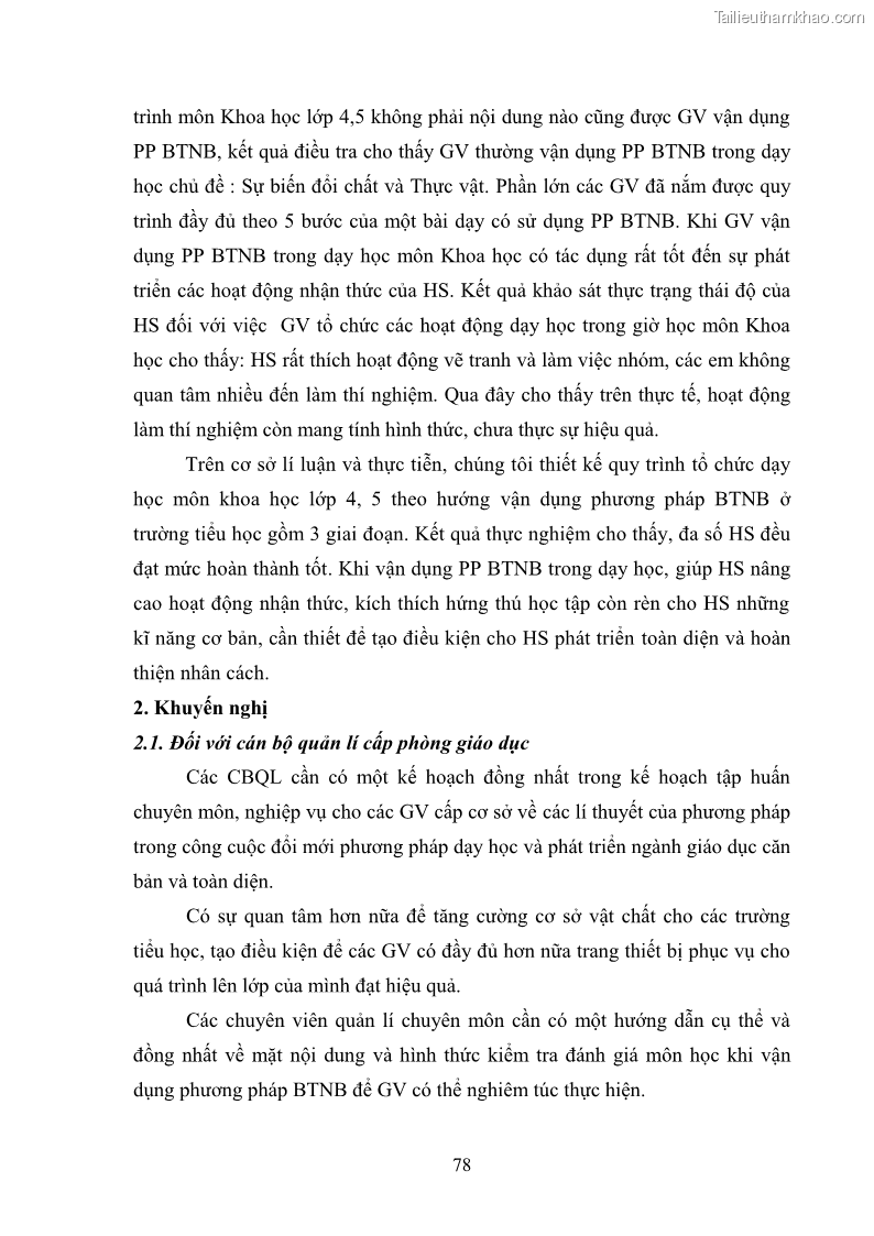 Luận văn thạc sĩ khoa học giáo dục Tổ chức dạy học môn Khoa học ở các trường Tiểu học thành phố Thái Nguyên, tỉnh Thái Nguyên theo hướng vận dụng phương pháp Bàn tay nặn bột - 8 Trang 87