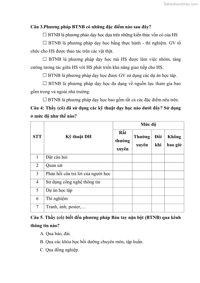 Luận văn thạc sĩ khoa học giáo dục Tổ chức dạy học môn Khoa học ở các trường Tiểu học thành phố Thái Nguyên, tỉnh Thái Nguyên theo hướng vận dụng phương pháp Bàn tay nặn bột - 8 Trang 93