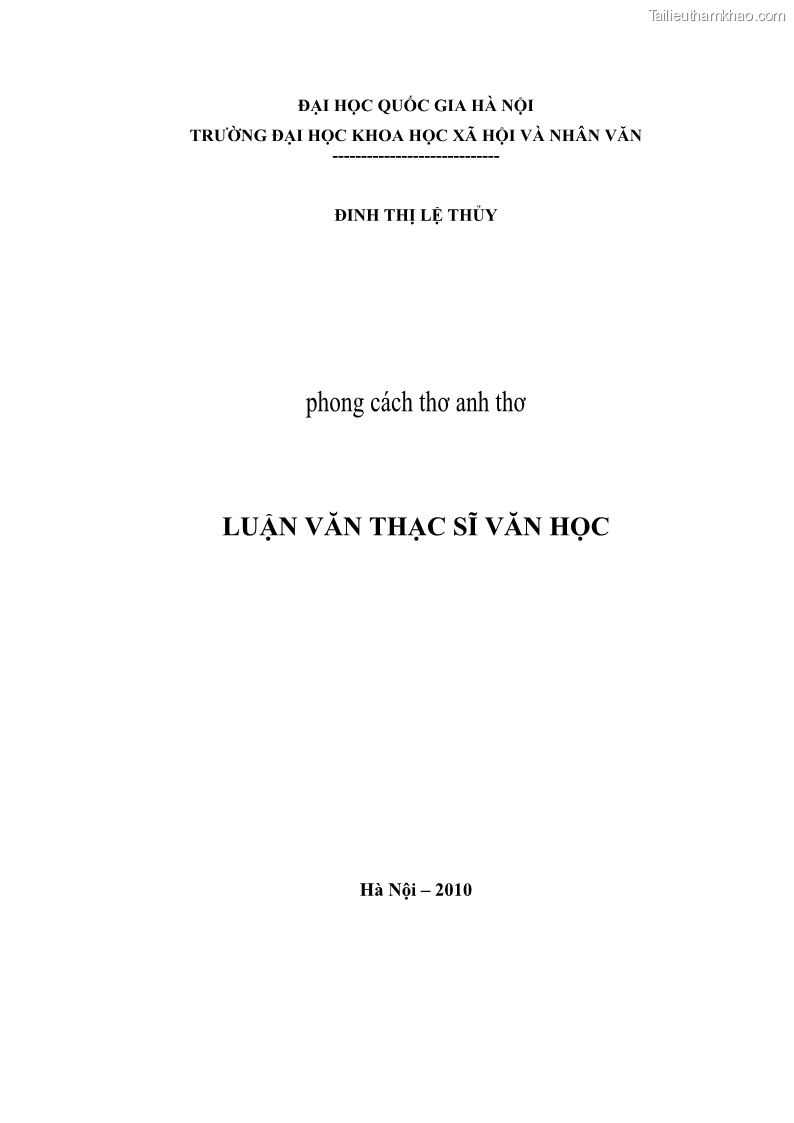 Luận văn thạc sĩ văn học Phong cách thơ Anh Thơ - 1 Trang 1