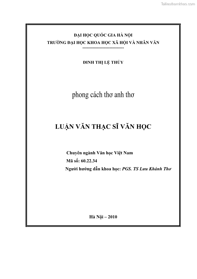 Luận văn thạc sĩ văn học Phong cách thơ Anh Thơ - 1 Trang 2