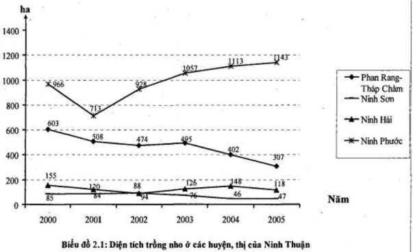 Qua biểu đồ 2 1 ta thấy diện tích trồng nho ở các huyện thị xã của Ninh 3